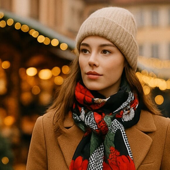 Vintage Floral Silk-Blend Scarf — Black Red & Gray | Designer-Quality 80s/90s - Picture 11 of 12